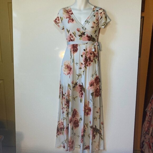 Hello Miz SZ S Maternity lt. blue and pink floral wrap bodice maxi dress - Picture 1 of 5